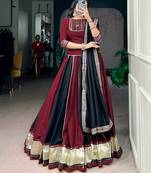 Designer Chinon Lehenga Choli with Embossed Lace & Real Mirror Work for Navratri- Full stitched free size