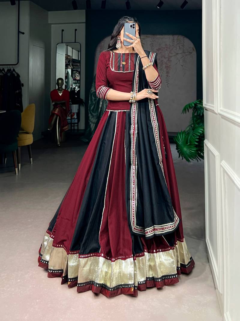 Designer Chinon Lehenga Choli with Embossed Lace & Real Mirror Work for Navratri- Full stitched free size