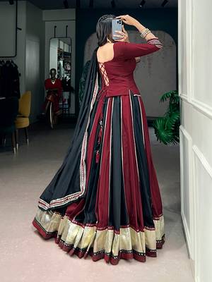 Designer Chinon Lehenga Choli with Embossed Lace & Real Mirror Work for Navratri- Full stitched free size 3