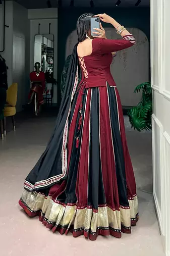 Designer Chinon Lehenga Choli with Embossed Lace & Real Mirror Work for Navratri- Full stitched free size