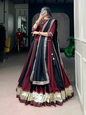 Designer Chinon Lehenga Choli with Embossed Lace & Real Mirror Work for Navratri- Full stitched free size 4