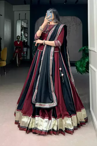 Designer Chinon Lehenga Choli with Embossed Lace & Real Mirror Work for Navratri- Full stitched free size