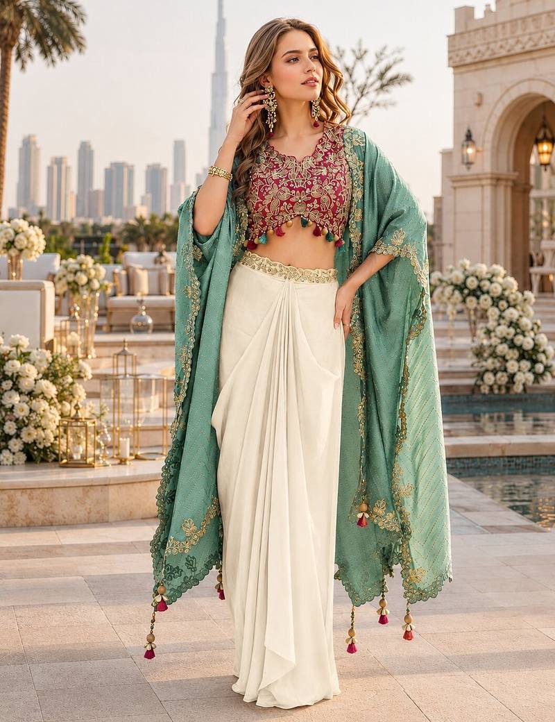 Maroon chinon free size readymade shrug suit with embroidery sequence work (free size)
