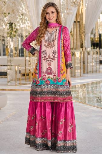 Brown crepe free size stitched gharara suit with hand mirror work