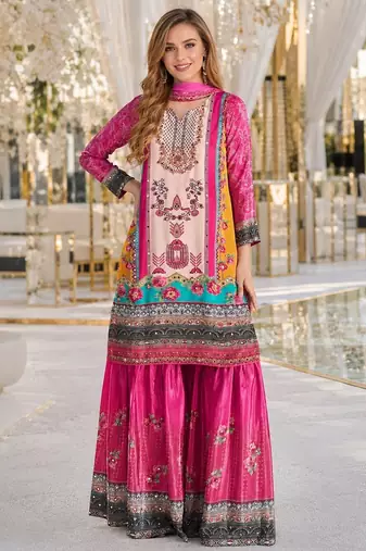 Brown crepe free size stitched gharara suit with hand mirror work