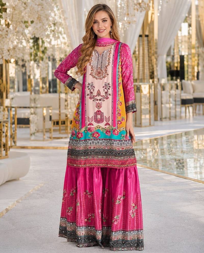 Brown crepe free size stitched gharara suit with hand mirror work