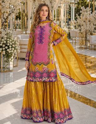 Purple crepe free size stitched gharara suit with hand mirror work 1
