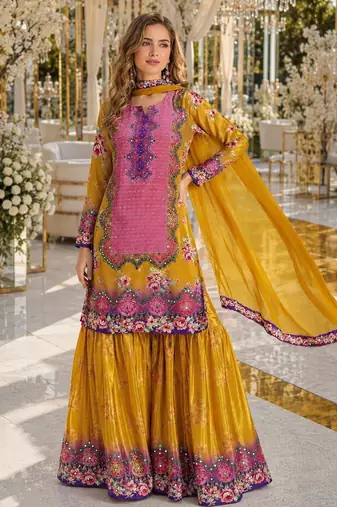 Purple crepe free size stitched gharara suit with hand mirror work