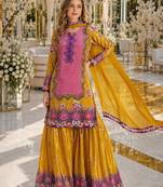 Purple crepe free size stitched gharara suit with hand mirror work