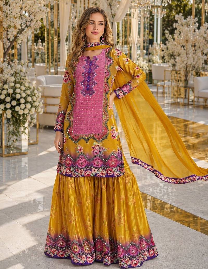 Purple crepe free size stitched gharara suit with hand mirror work