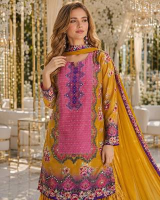 Purple crepe free size stitched gharara suit with hand mirror work 2