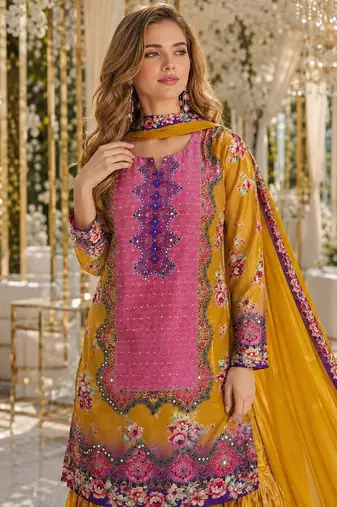 Purple crepe free size stitched gharara suit with hand mirror work