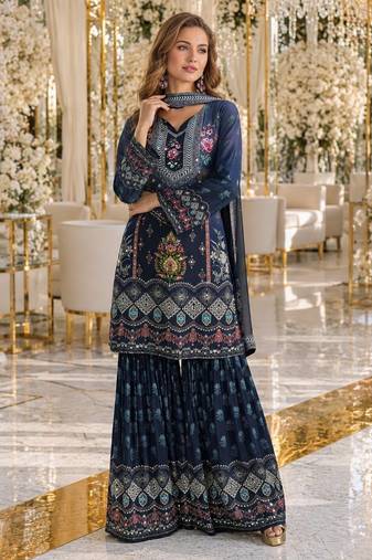 Navy blue crepe free size stitched gharara suit with hand mirror work