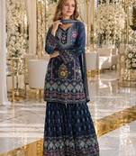Navy blue crepe free size stitched gharara suit with hand mirror work
