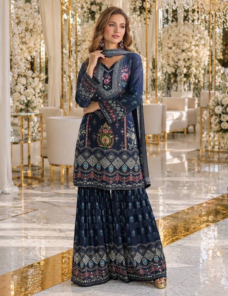 Navy blue crepe free size stitched gharara suit with hand mirror work