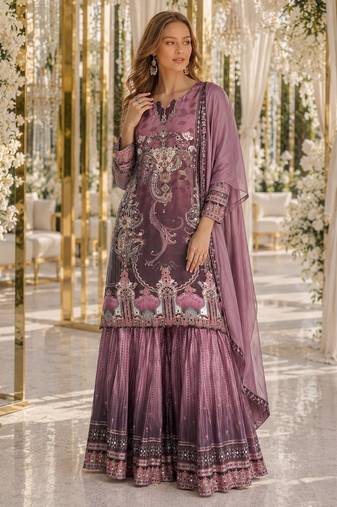 Yellow crepe free size stitched gharara suit with hand mirror work