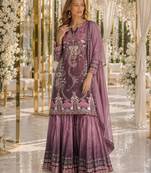 Yellow crepe free size stitched gharara suit with hand mirror work