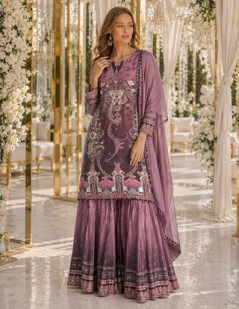 Yellow crepe free size stitched gharara suit with hand mirror work