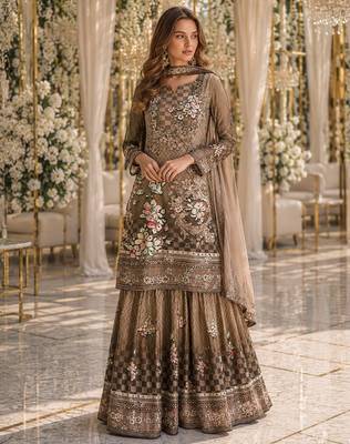 Pink crepe free size stitched gharara suit with hand mirror work 1