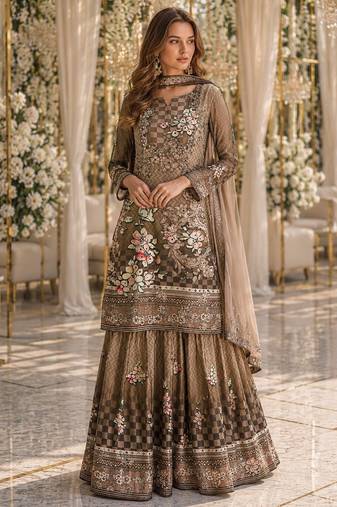 Pink crepe free size stitched gharara suit with hand mirror work