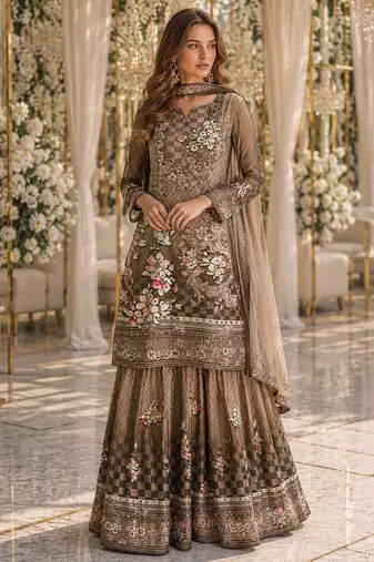 Pink crepe free size stitched gharara suit with hand mirror work