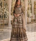 Pink crepe free size stitched gharara suit with hand mirror work