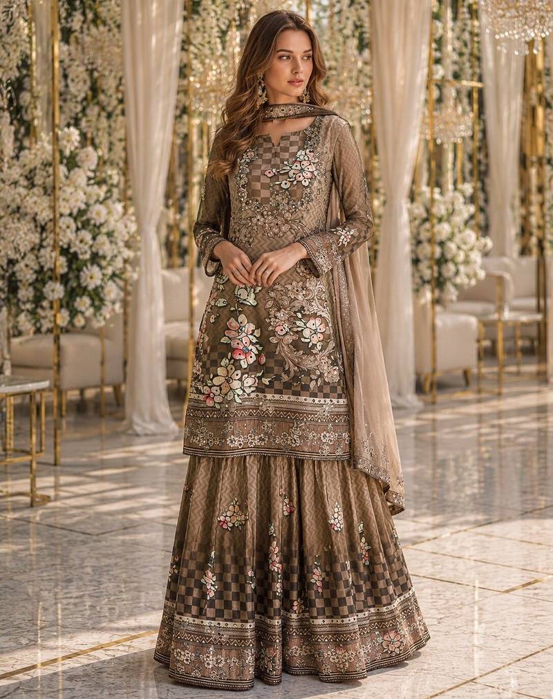 Pink crepe free size stitched gharara suit with hand mirror work
