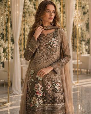 Pink crepe free size stitched gharara suit with hand mirror work 2