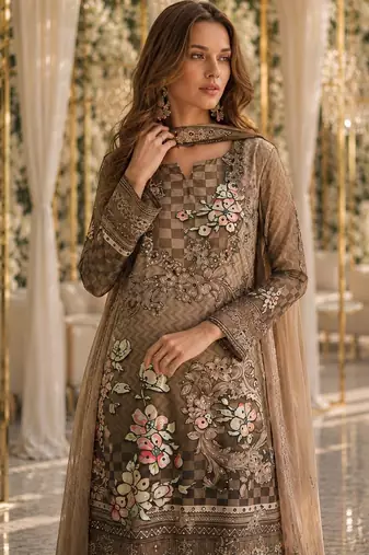 Pink crepe free size stitched gharara suit with hand mirror work