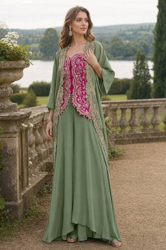 Grey chinon readymade shrug suit with heavy embroidery work