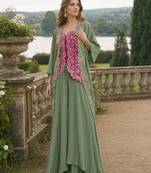 Grey chinon readymade shrug suit with heavy embroidery work