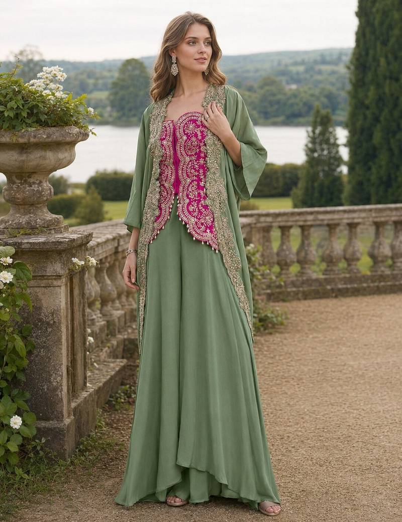 Grey chinon readymade shrug suit with heavy embroidery work