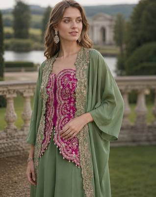 Grey chinon shrug suit with heavy embroidery work 2