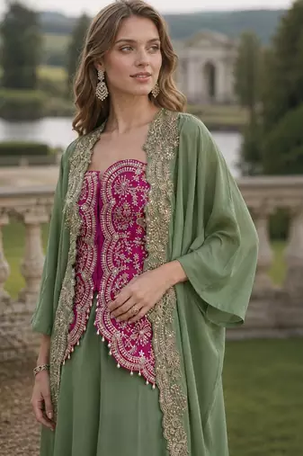 Grey chinon shrug suit with heavy embroidery work