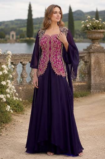 Violet chinon readymade shrug suit with heavy embroidery work