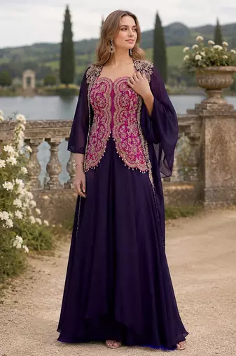 Violet chinon readymade shrug suit with heavy embroidery work