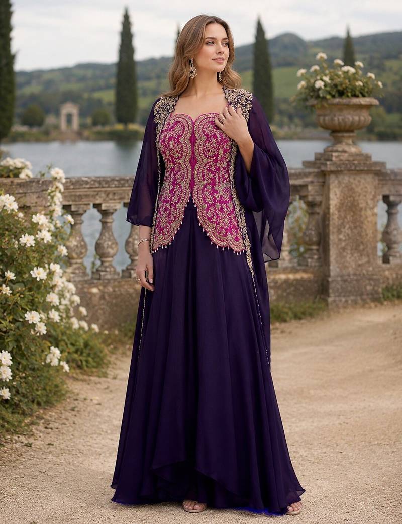 Violet chinon readymade shrug suit with heavy embroidery work