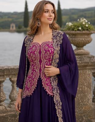 Violet chinon readymade shrug suit with heavy embroidery work 2