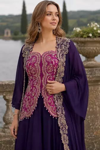 Violet chinon readymade shrug suit with heavy embroidery work