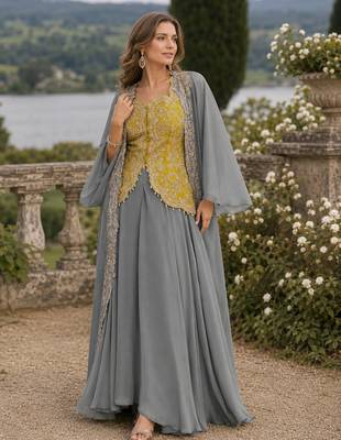 Mehendi chinon readymade shrug suit with heavy embroidery work 1