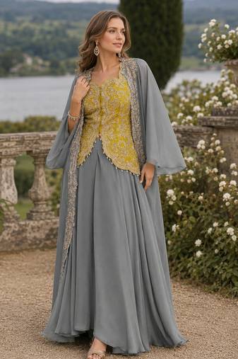 Mehendi chinon readymade shrug suit with heavy embroidery work