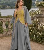 Mehendi chinon readymade shrug suit with heavy embroidery work