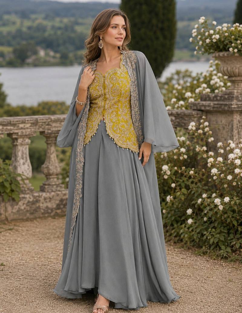 Mehendi chinon readymade shrug suit with heavy embroidery work