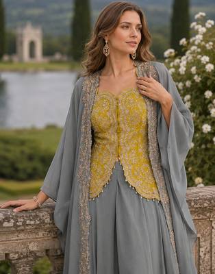 Mehendi chinon readymade shrug suit with heavy embroidery work 2