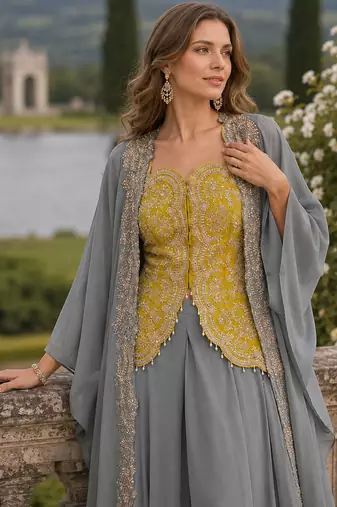 Mehendi chinon readymade shrug suit with heavy embroidery work