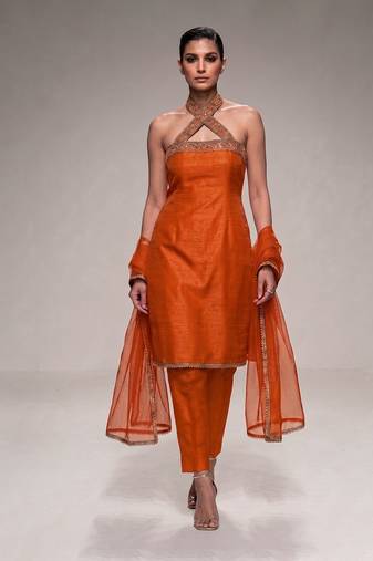 Orange embroidered silk kurta set