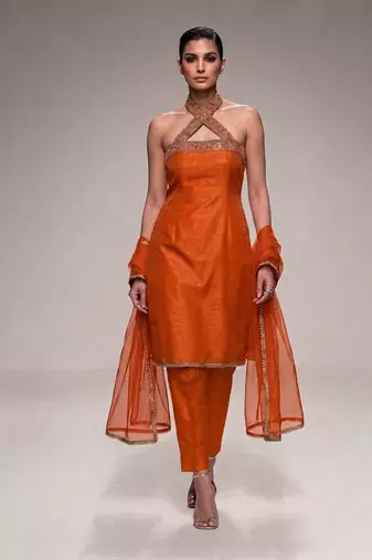 Orange embroidered silk kurta set