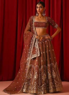 Women’s Semi-Stitched Orange Fandy Silk Zari & Sequin Embroidered Lehenga Choli with Fandy Silk Dupatta 1