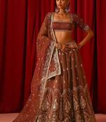 Women’s Semi-Stitched Orange Fandy Silk Zari & Sequin Embroidered Lehenga Choli with Fandy Silk Dupatta