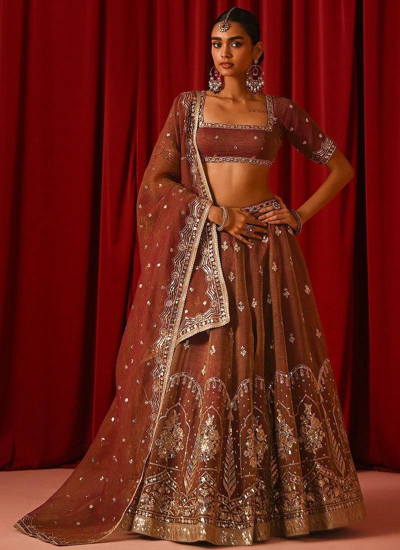 Women’s Semi-Stitched Orange Fandy Silk Zari & Sequin Embroidered Lehenga Choli with Fandy Silk Dupatta